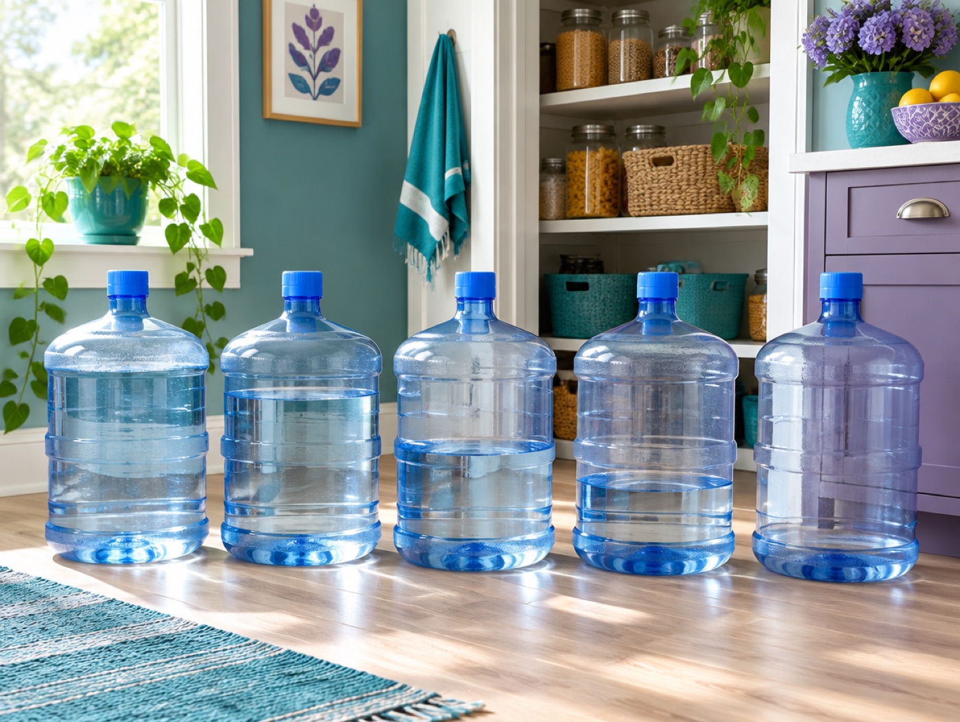 Five-gallon bottles lined up by the pantry